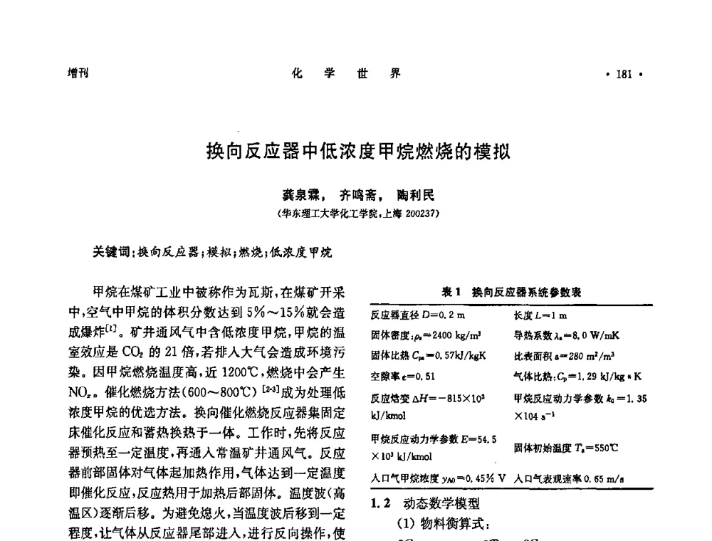 换向反应器中低浓度甲烷燃烧的模拟 - 上海市化学化工学会2008年度学术年会