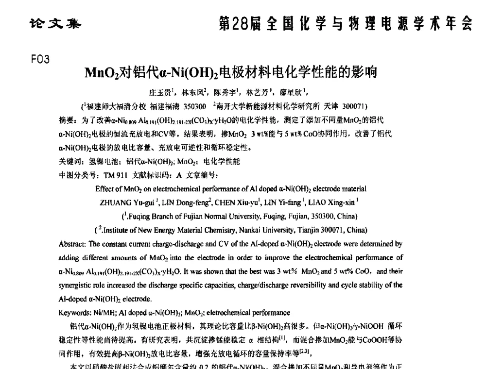 MnO2对铝代α-Ni(OH)2电极材料电化学性能的影响 - 第28届全国化学与物理电源学术年会
