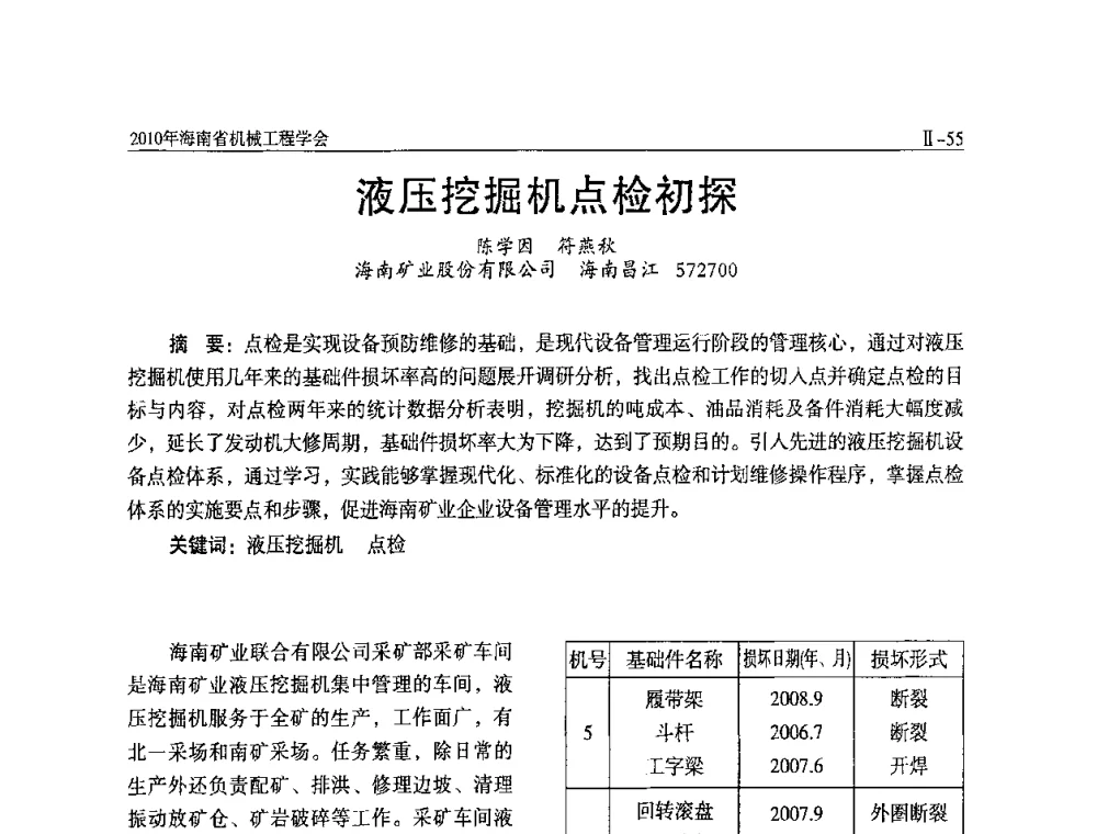 液压挖掘机点检初探 - 海南省机械工程学会、海南省机械工业质量管理协会2010年会暨机械工程科技学术报告会