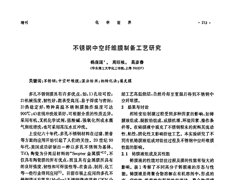 不锈钢中空纤维膜制备工艺研究 - 上海市化学化工学会2009年度学术年会