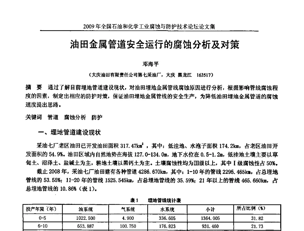 油田金属管道安全运行的腐蚀分析及对策 - 2009年全国石油和化学工业腐蚀与防护技术论坛