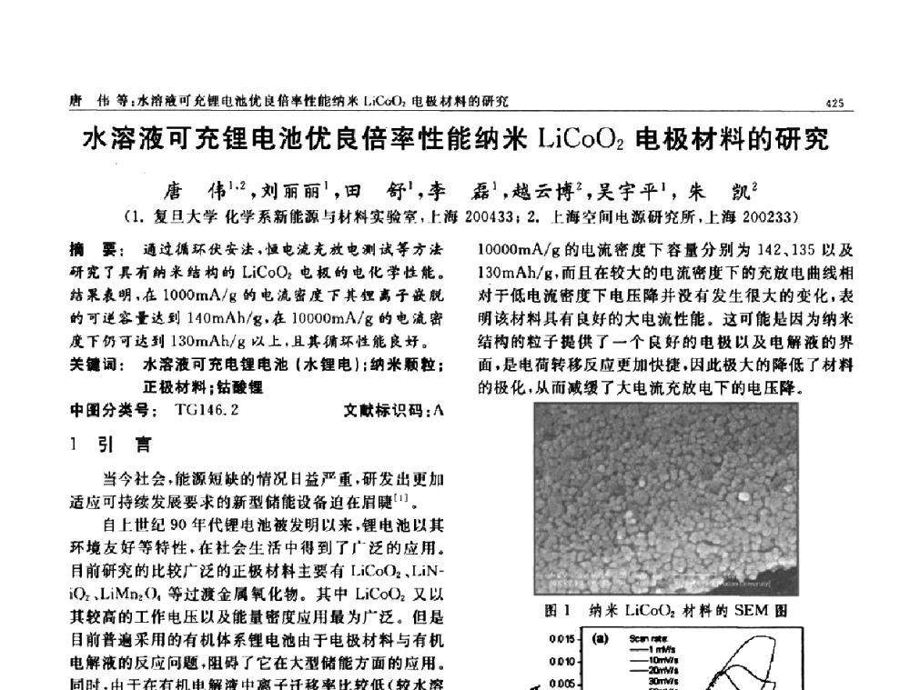 水溶液可充锂电池优良倍率性能纳米LiCoO2电极材料的研究 - 第七届中国功能材料及其应用学术会议
