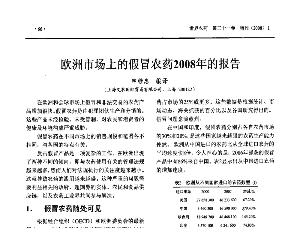 欧洲市场上的假冒农药2008年的报告 - 第三届中国国际农用化学品高峰论坛暨2009世界农药科技与应用发展学术交流会