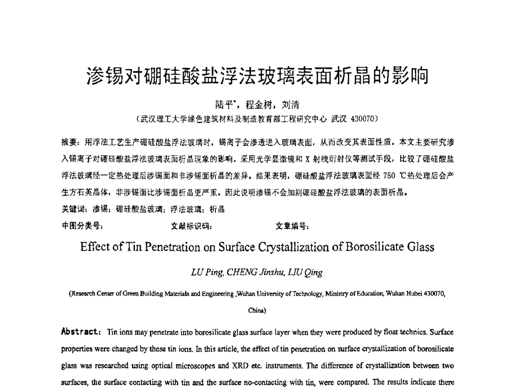 渗锡对硼硅酸盐浮法玻璃表面析晶的影响 - 2010全国玻璃技术交流研讨会