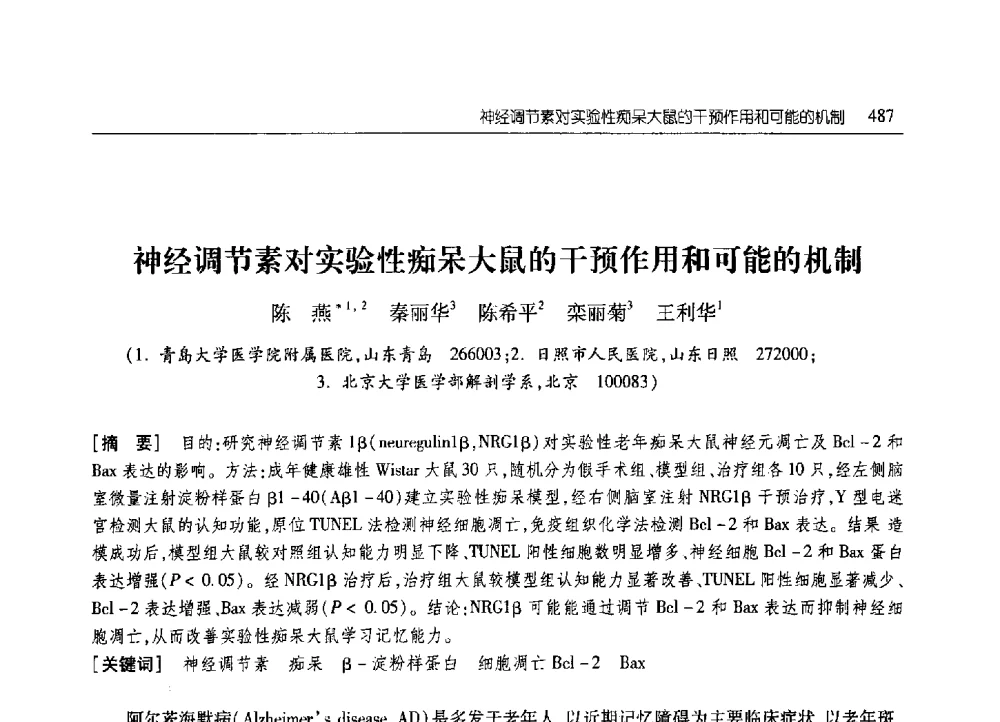 神经调节素对实验性痴呆大鼠的干预作用和可能的机制 - 2010年山东省科协学术年会