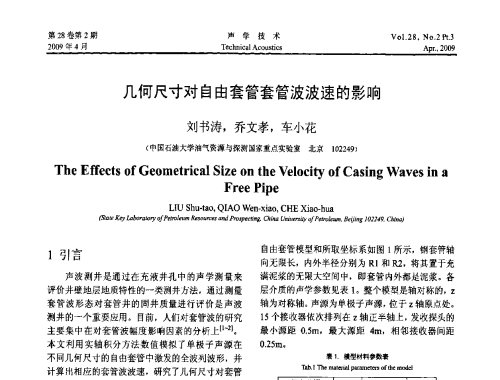 几何尺寸对自由套管套管波波速的影响 - 2009年度全国物理声学会议