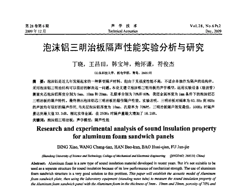 泡沫铝三明治板隔声性能实验分析与研究 - 2009年浙苏黑鲁津四省一市声学学术会议