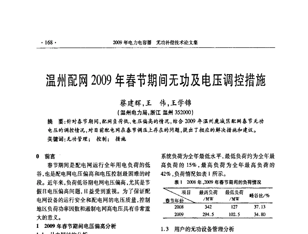 温州配网2009年春节期间无功及电压调控措施 - 2009年电力电容器无功补偿技术学术会议