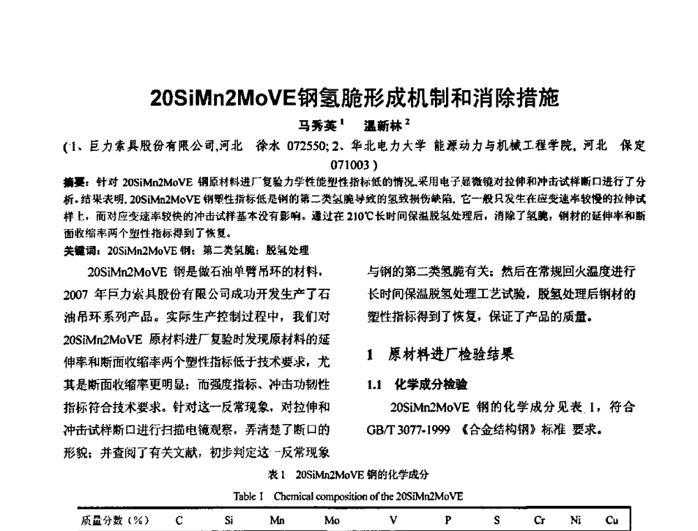 20SiMn2MoVE钢氢脆形成机制和消除措施 - 华北地区第十八届机械工程热处理技术交流会暨内蒙古机械工程学会热处理专业委员会第十五届学术年会