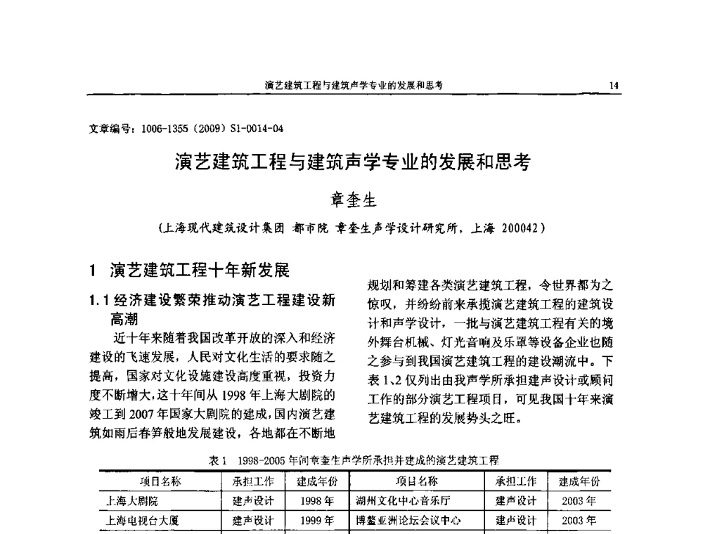 演艺建筑工程与建筑声学专业的发展和思考 - 第十一届全国噪声与振动控制工程学术会议