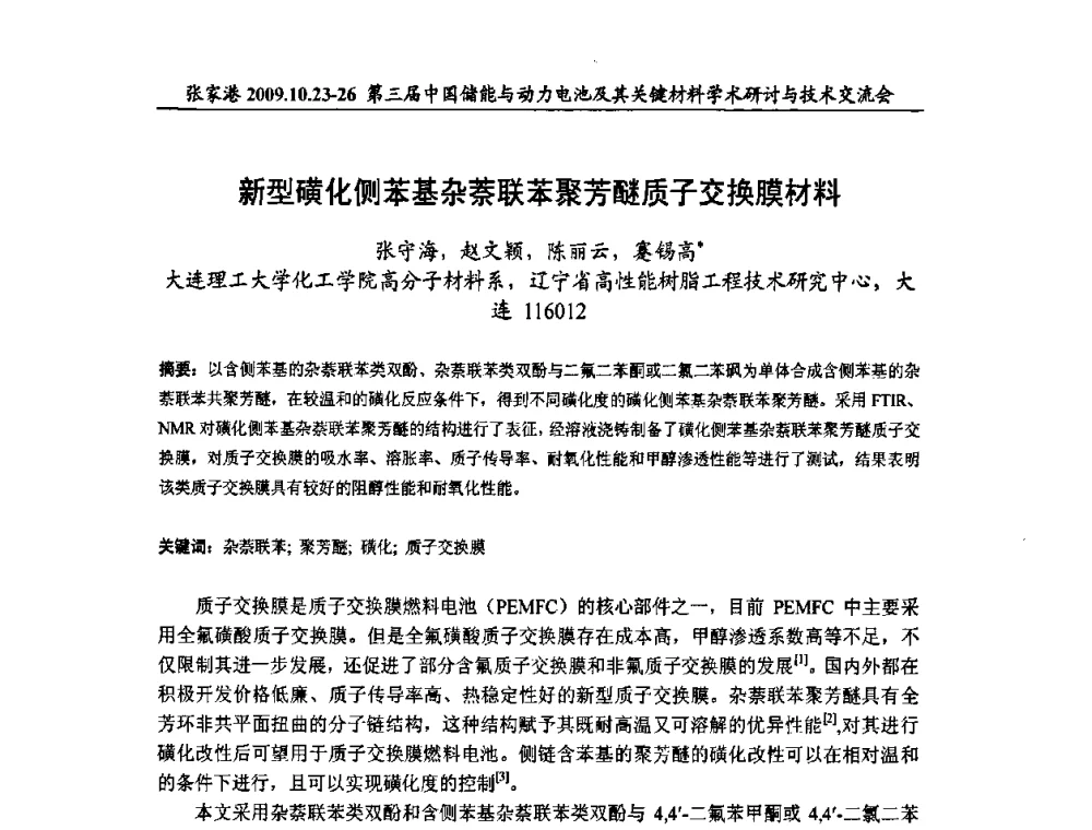 新型磺化侧苯基杂萘联苯聚芳醚质子交换膜材料 - 第三届中国储能与动力电池及其关键材料学术研讨与技术交流会
