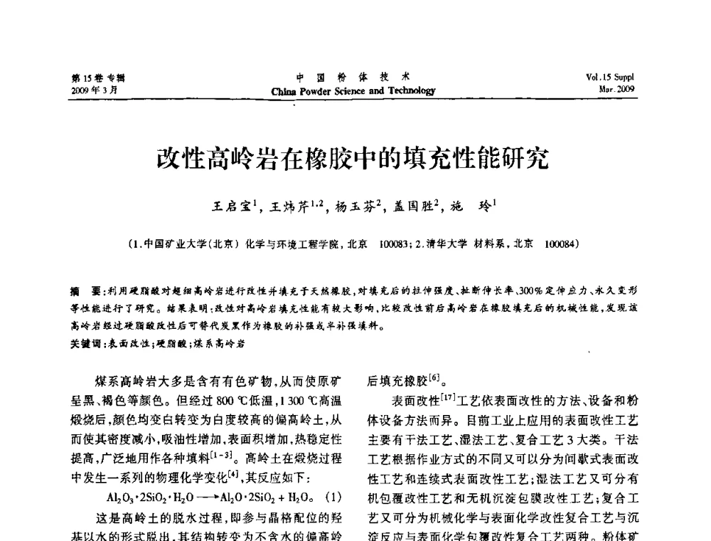 改性高岭岩在橡胶中的填充性能研究 - 2009国际粉体技术与应用论坛