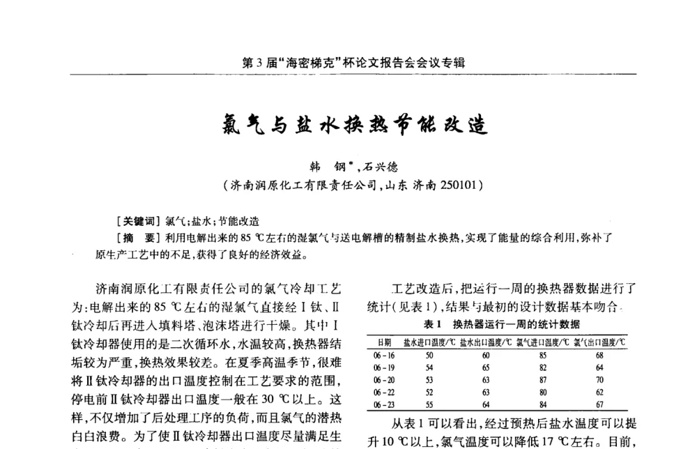 氯气与盐水换热节能改造 - 第3届氯氢处理、氯气液化及包装工艺、设备交流会