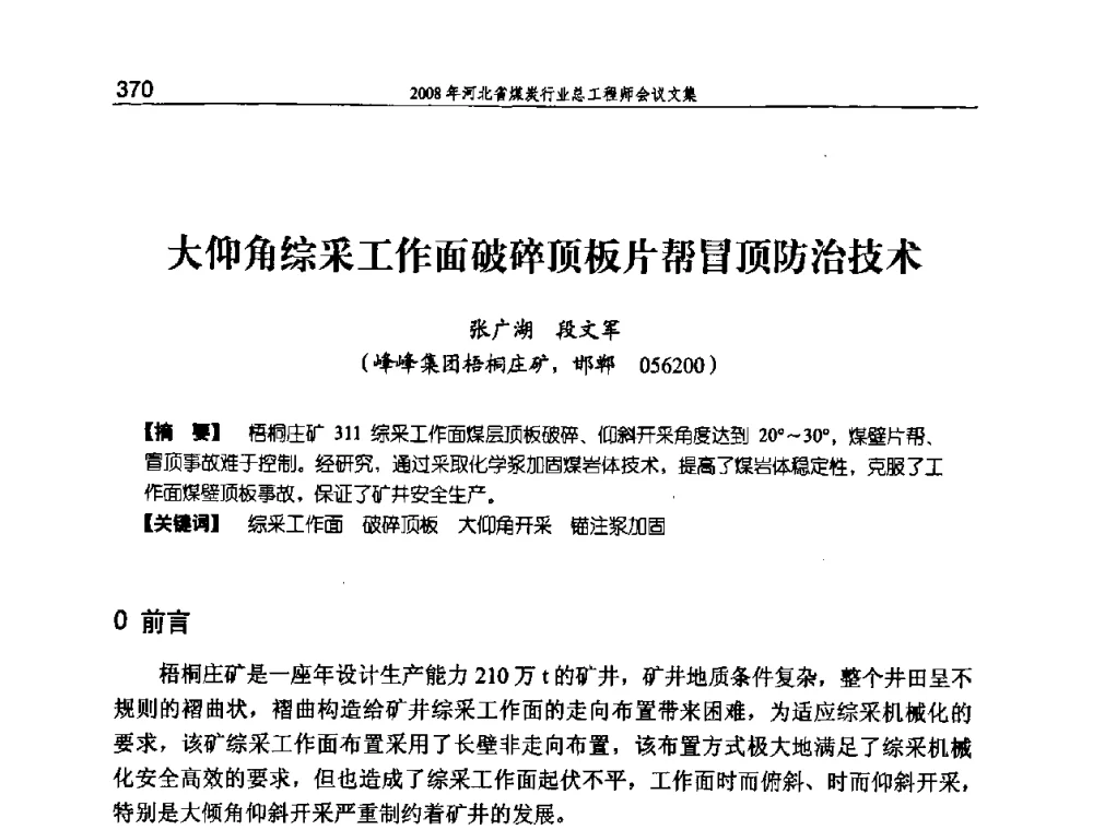 大仰角综采工作面破碎顶板片帮冒顶防治技术 - 河北省煤炭工业行业协会、河北省煤炭学会2008年总工程师会议暨采煤专业委员会学术会议