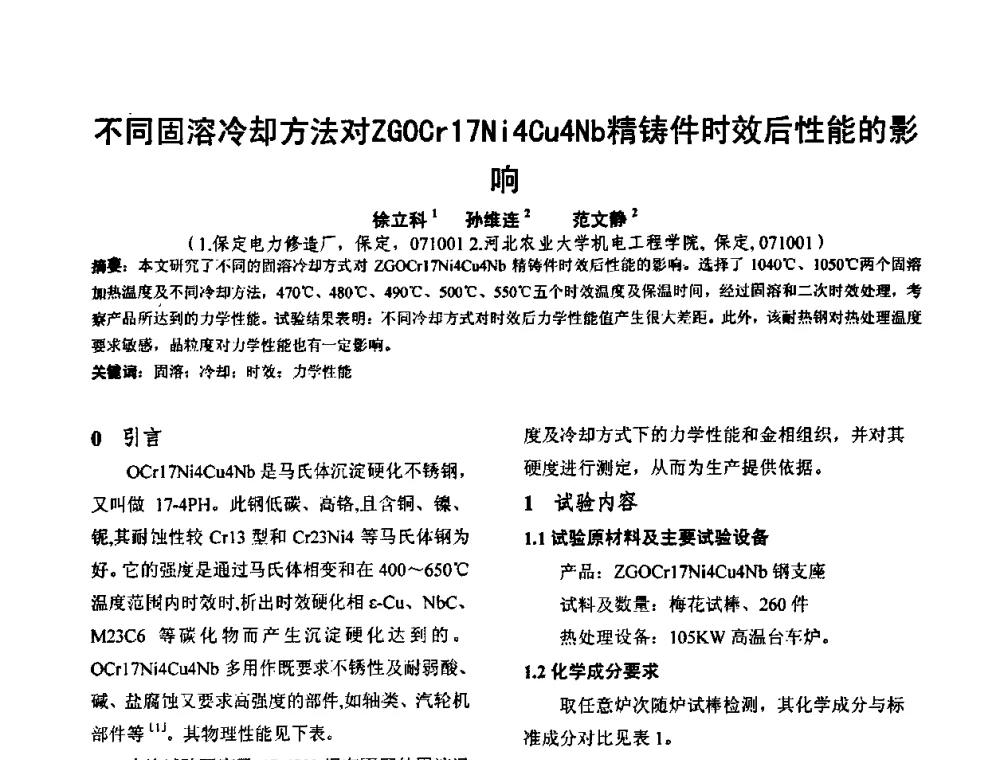 不同固溶冷却方法对ZGOCr17Ni4Cu4Nb精铸件时效后性能的影响 - 华北地区第十八届机械工程热处理技术交流会暨内蒙古机械工程学会热处理专业委员会第十五届学术年会