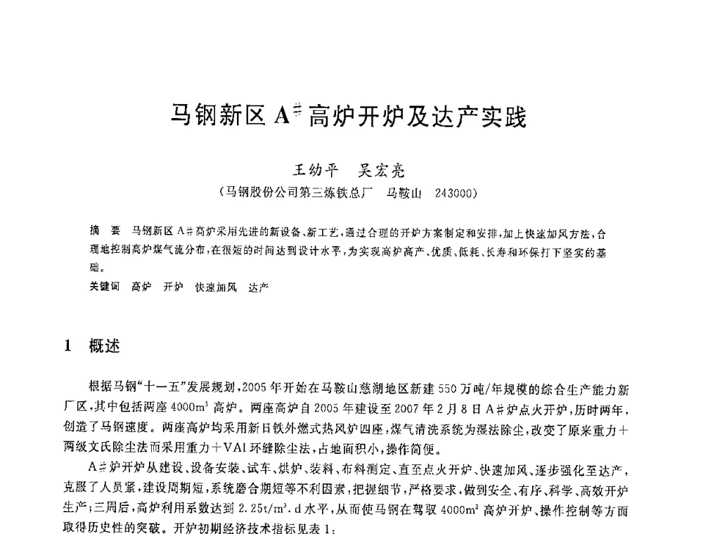 马钢新区A＃高炉开炉及达产实践 - 2008年全国炼铁生产技术会议暨炼铁年会