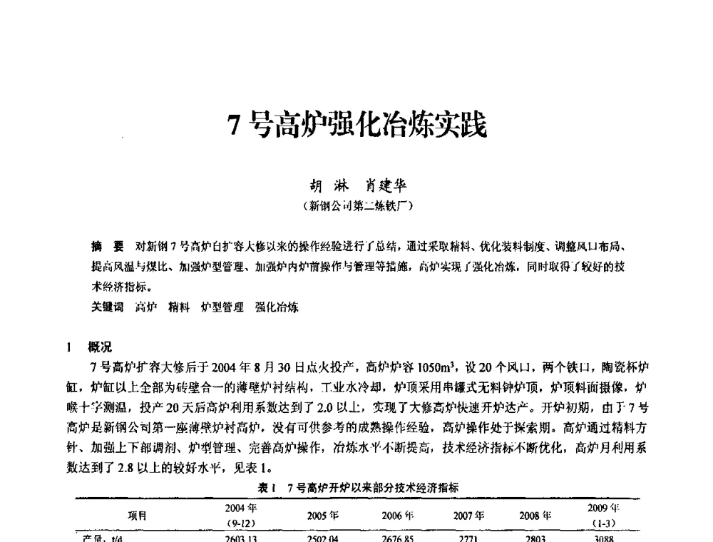 7号高炉强化冶炼实践 - 2010中小高炉炼铁学术年会