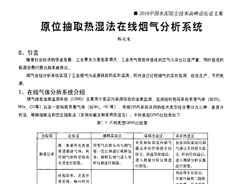 原位抽取热湿法在线烟气分析系统 - 2010国际水泥周——中国水泥除尘技术高峰论坛
