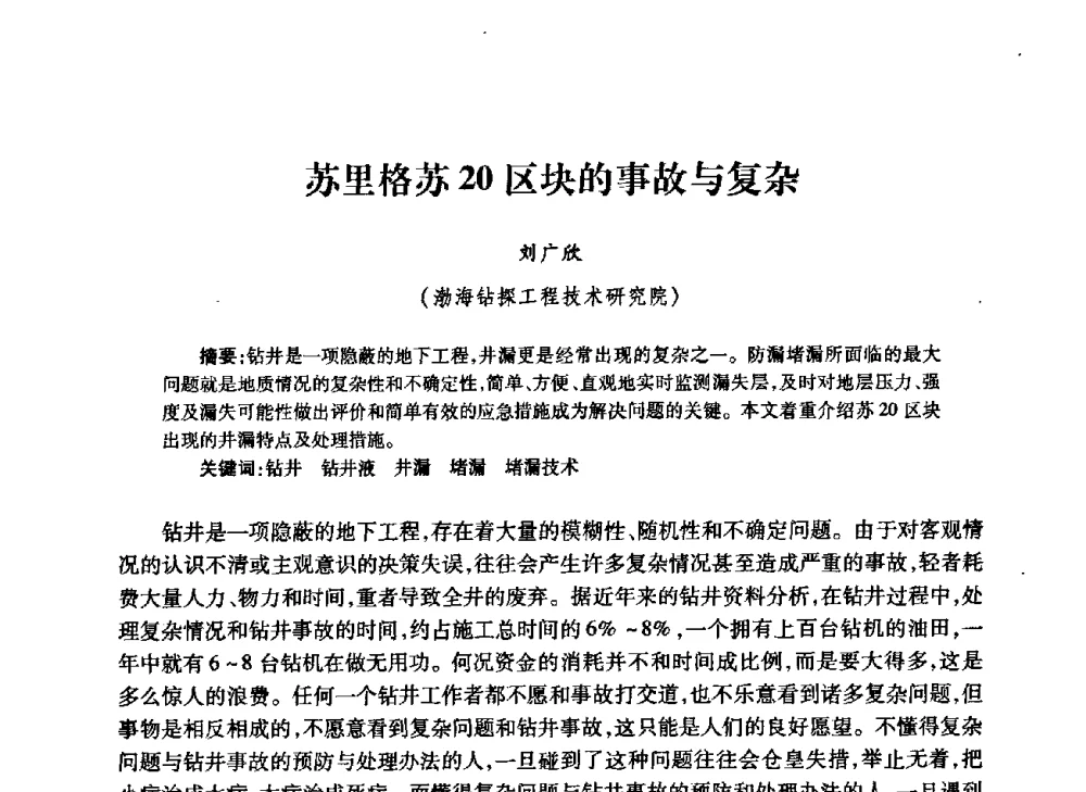 苏里格苏20区块的事故与复杂 - 中国石油学会石油工程专业委员会钻井工作部2009年钻井技术研讨会暨第九届石油钻井院所长会议