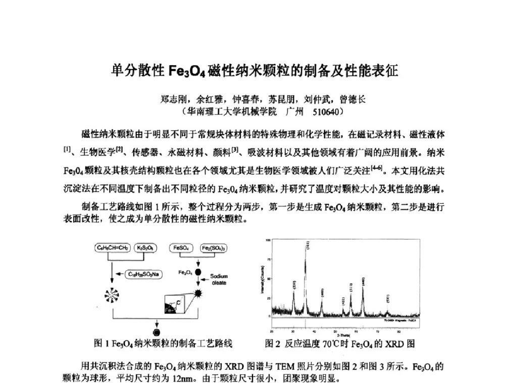 单分散性Fe3O4磁性纳米颗粒的制备及性能表征 - 2009年全国第二届电磁材料及器件学术会议