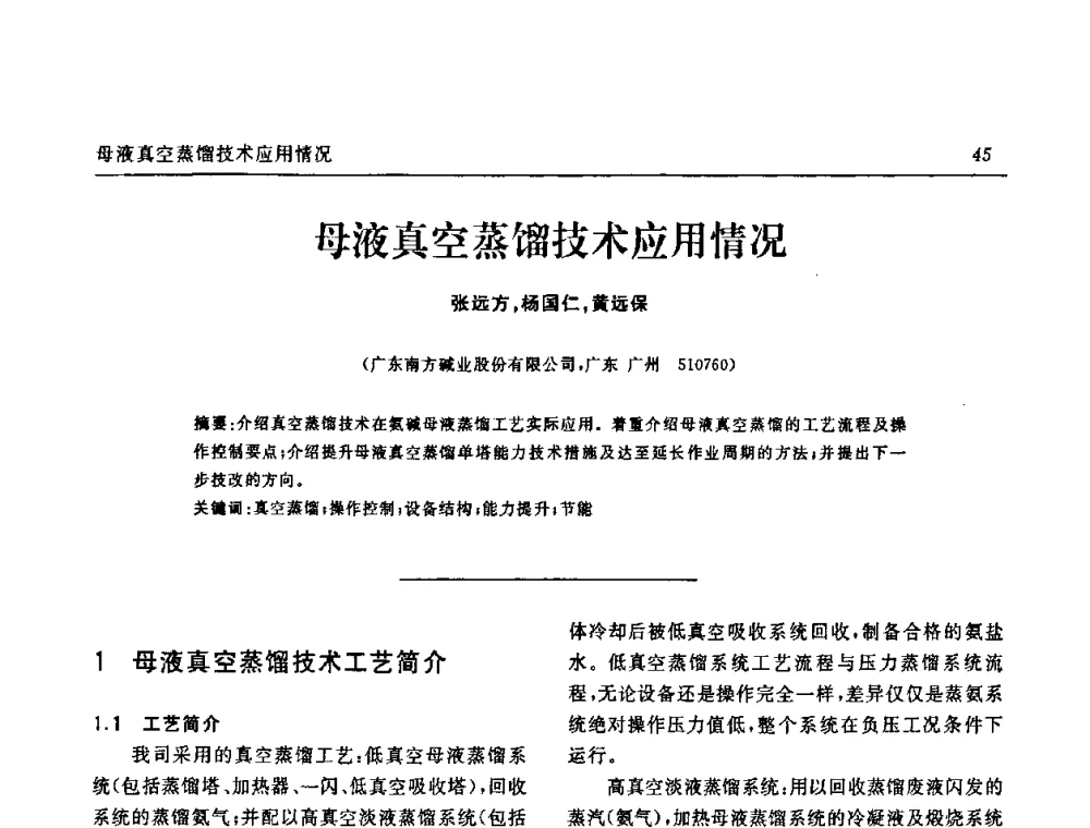 母液真空蒸馏技术应用情况 - 中国化工学会无机酸碱盐专业委员会第十四届纯碱学术年会