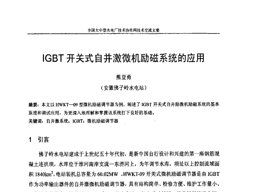 IGBT开关式自并激微机励磁系统的应用 - 全国大中型水电厂技术协作网技术交流会