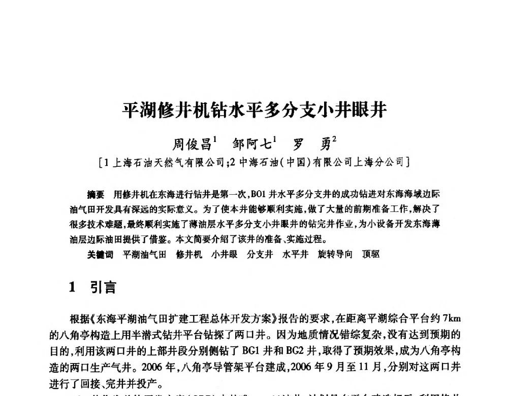 平湖修井机钻水平多分支小井眼井 - 2008复杂结构油气井开发技术研讨会