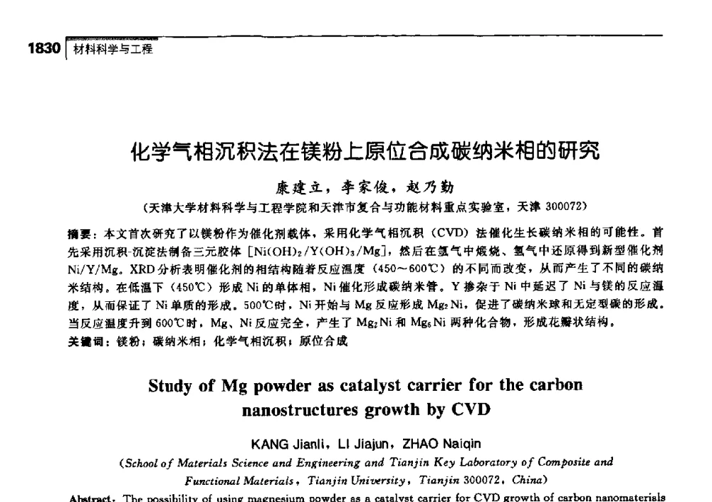 化学气相沉积法在镁粉上原位合成碳纳米相的研究 - 中国工程院化工、冶金与材料工学部第七届学术会议