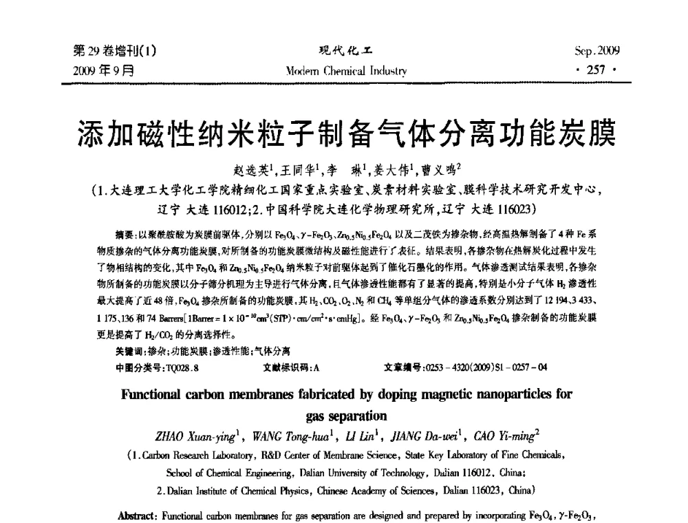 添加磁性纳米粒子制备气体分离功能炭膜 - 第十届全国化学工艺学术年会