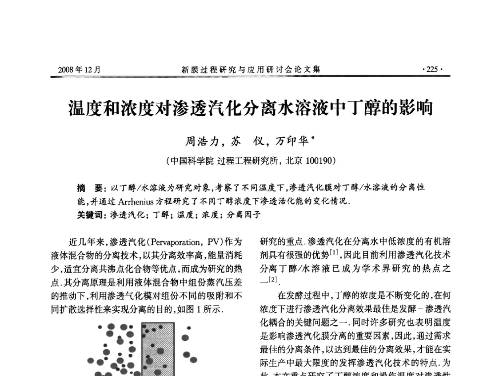 温度和浓度对渗透汽化分离水溶液中丁醇的影响 - 2008年新膜过程研究与应用研讨会