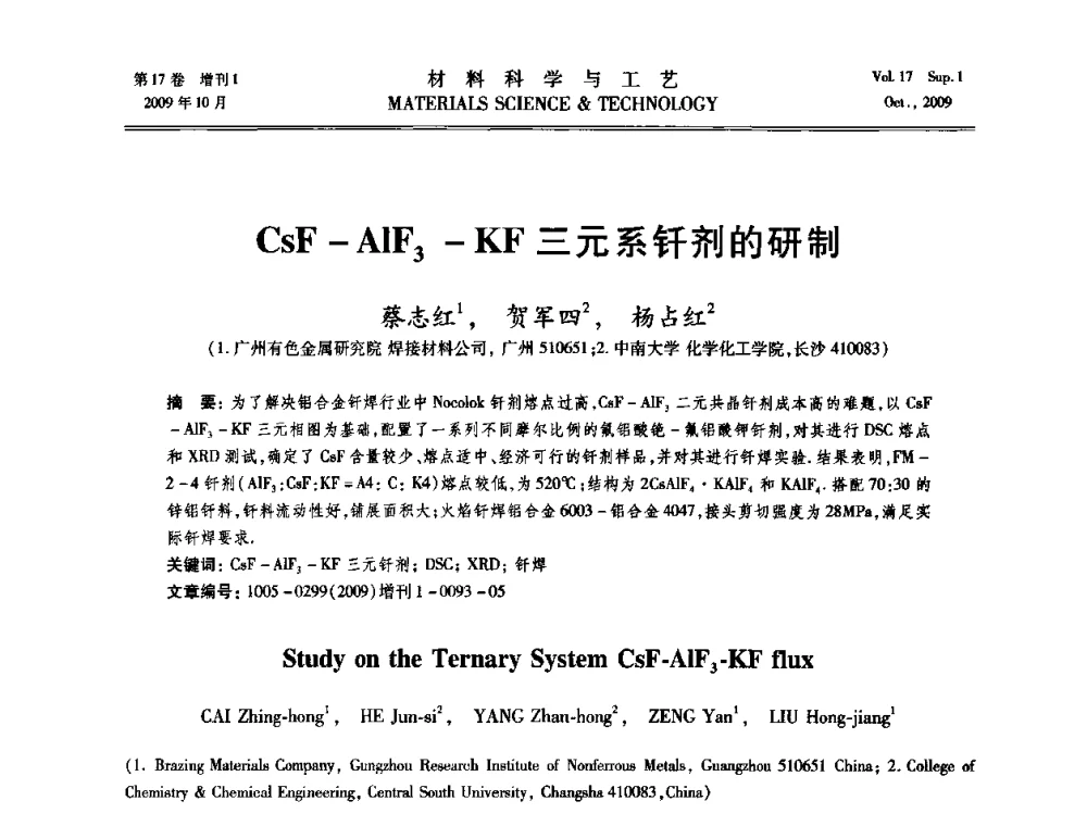 CsF-AlF3-KF三元系钎剂的研制 - 第十七届全国钎焊及特种连接技术交流会
