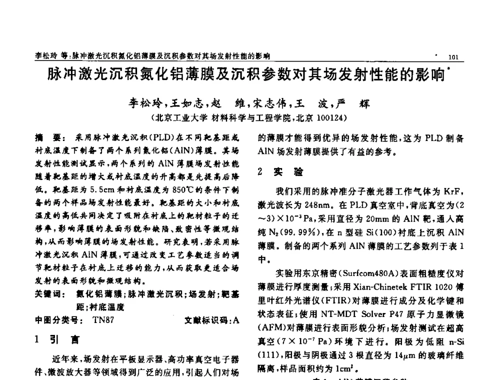 脉冲激光沉积氮化铝薄膜及沉积参数对其场发射性能的影响 - 第七届中国功能材料及其应用学术会议