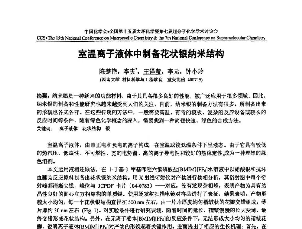 室温离子液体中制备花状银纳米结构 - 全国第十五届大环化学学术讨论会暨全国第七届超分子化学学术讨论会