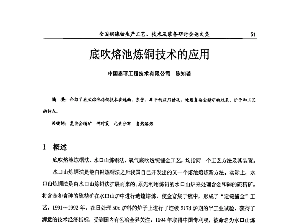 底吹熔池炼铜技术的应用 - 全国铜镍钴生产工艺、技术及装备研讨会