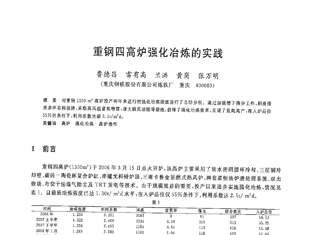 重钢四高炉强化冶炼的实践 - 2008年全国炼铁生产技术会议暨炼铁年会