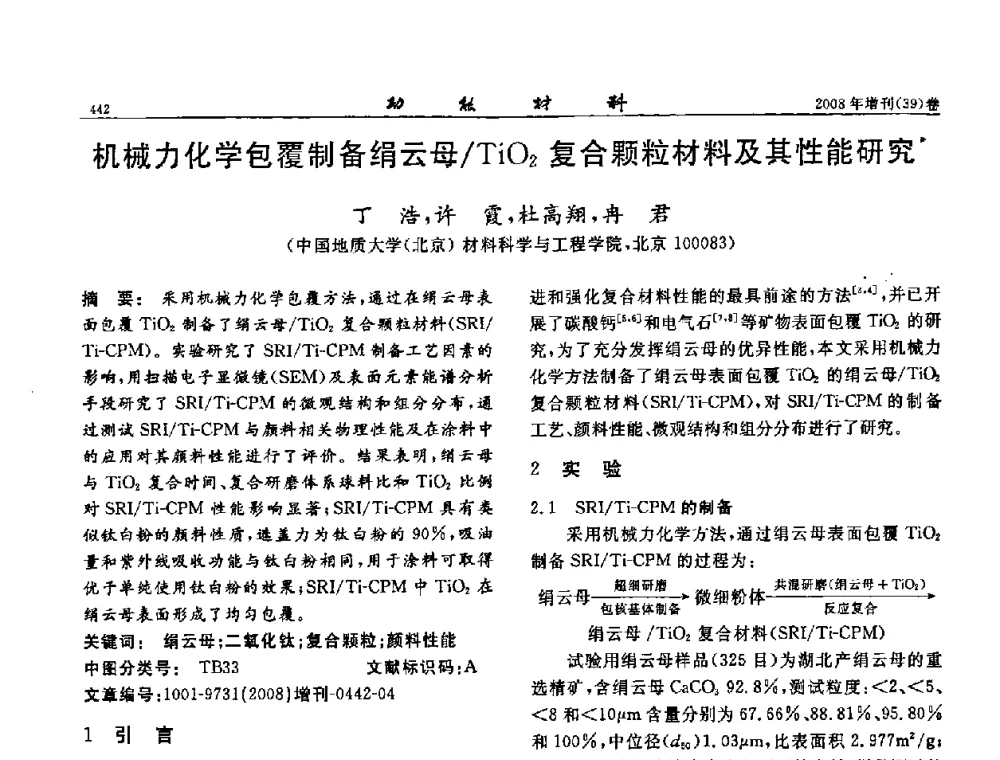 机械力化学包覆制备绢云母_TiO2复合颗粒材料及其性能研究 - 二〇〇八全国功能材料科技与产业高层论坛