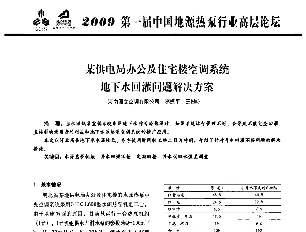 某供电局办公及住宅楼空调系统地下水回灌问题解决方案 - 2009第一届中国地源热泵行业高层论坛