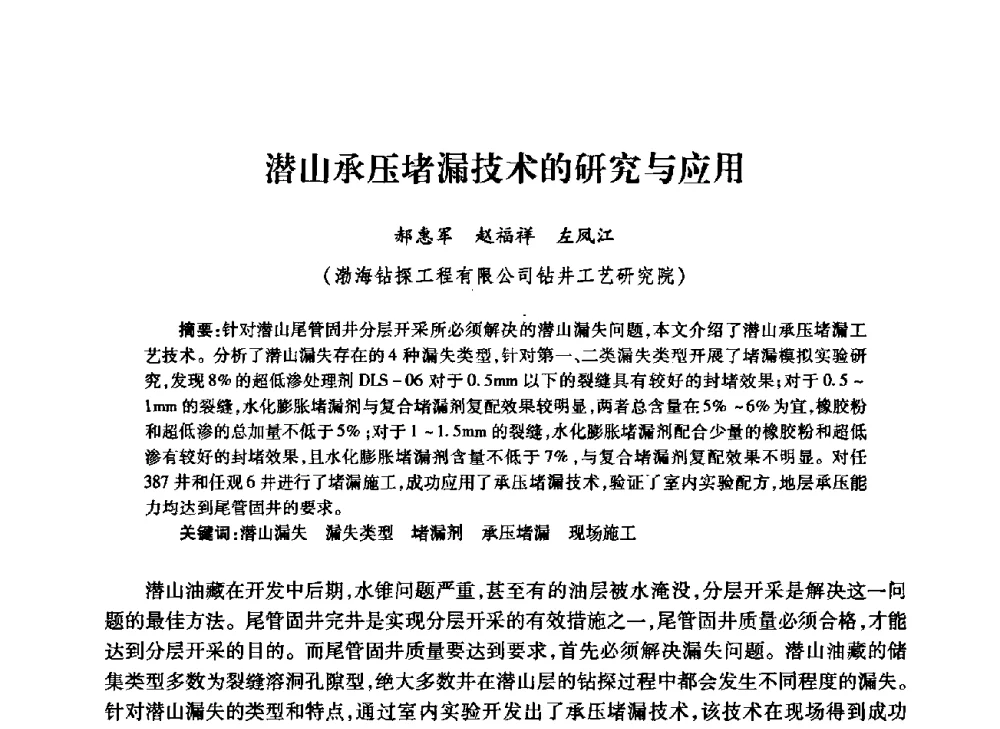 潜山承压堵漏技术的研究与应用 - 中国石油学会石油工程专业委员会钻井工作部2009年钻井技术研讨会暨第九届石油钻井院所长会议