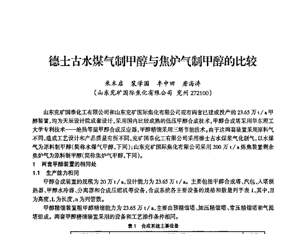 德士古水煤气制甲醇与焦炉气制甲醇的比较 - 全国化工合成氨设计中心站2008年技术交流会
