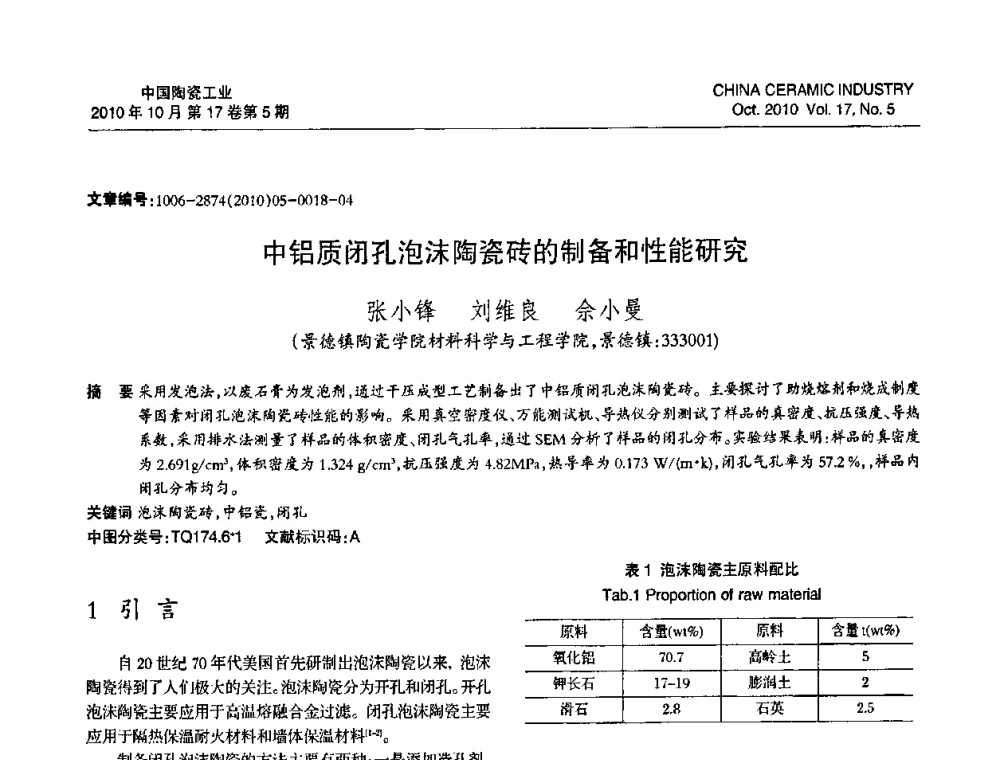 中铝质闭孔泡沫陶瓷砖的制备和性能研究 - 中国硅酸盐学会陶瓷分会2010年年会