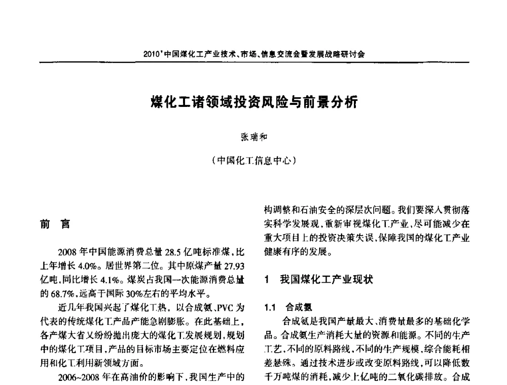 煤化工诸领域投资风险与前景分析 - 2010中国煤化工产业技术、市场、信息交流会暨发展战略研讨会