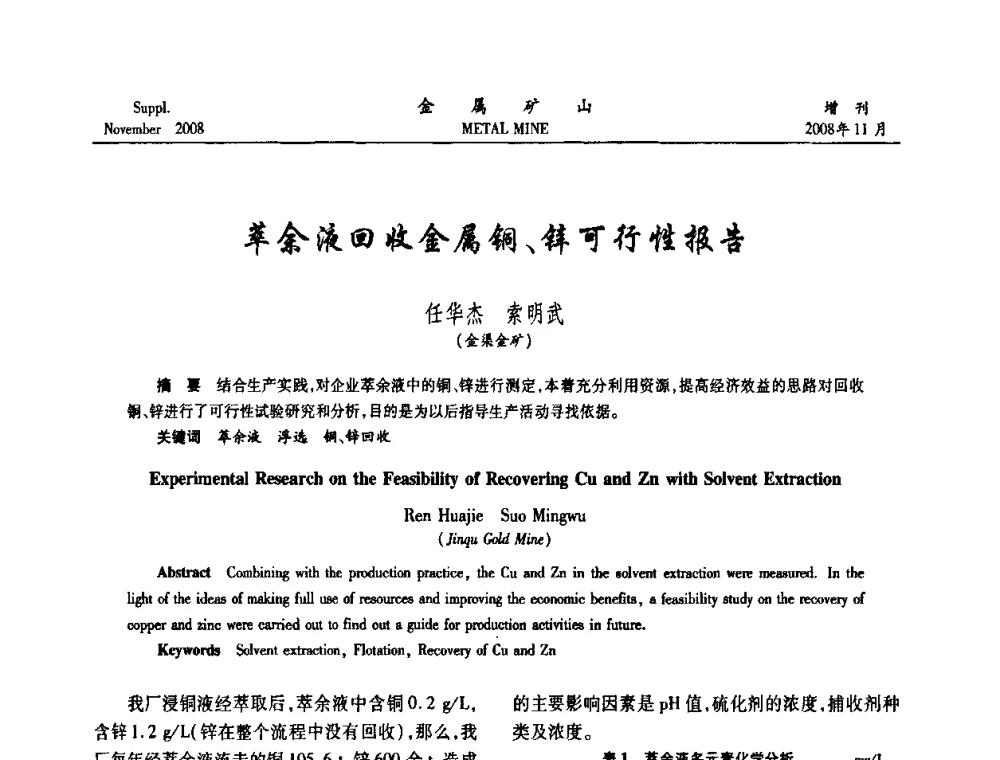 萃余液回收金属铜、锌可行性报告 - 2008年全国金属矿山难选矿及低品味矿选矿新技术学术研讨与技术成果交流暨设备展示会