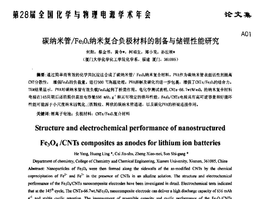碳纳米管_Fe3O4纳米复合负极材料的制备与储锂性能研究 - 第28届全国化学与物理电源学术年会