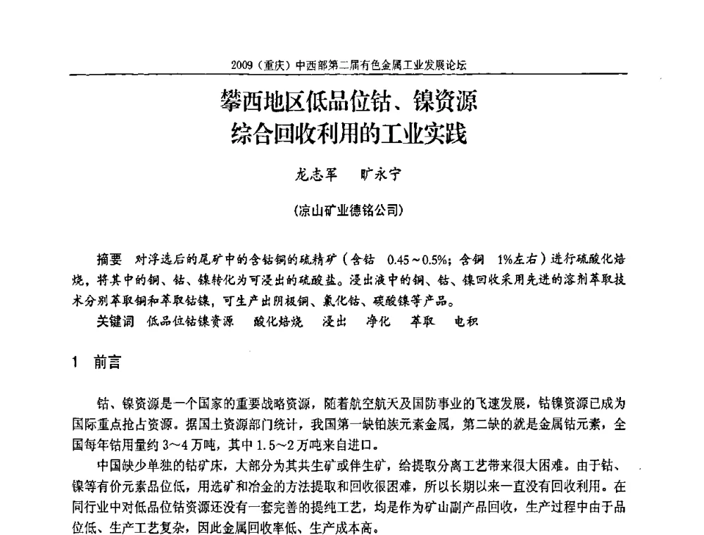攀西地区低品位钴、镍资源综合回收利用的工业实践 - 2009(重庆)中西部第二届有色金属工业发展论坛