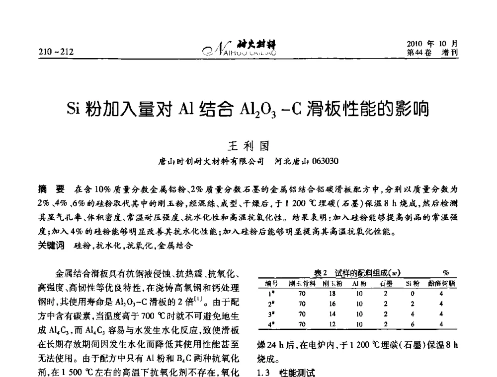 Si粉加入量对Al结合Al2O3-C滑板性能的影响 - 第十二届全国耐火材料青年学术报告会