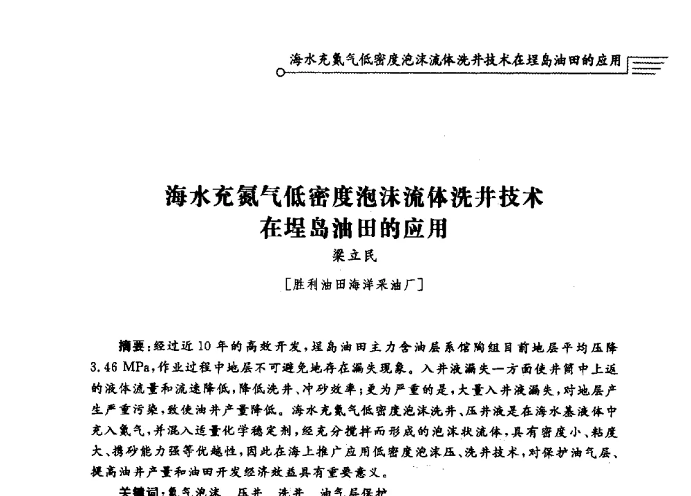 海水充氮气低密度泡沫流体洗井技术在埕岛油田的应用 - 泡沫流体提高油气开采效率技术研讨会