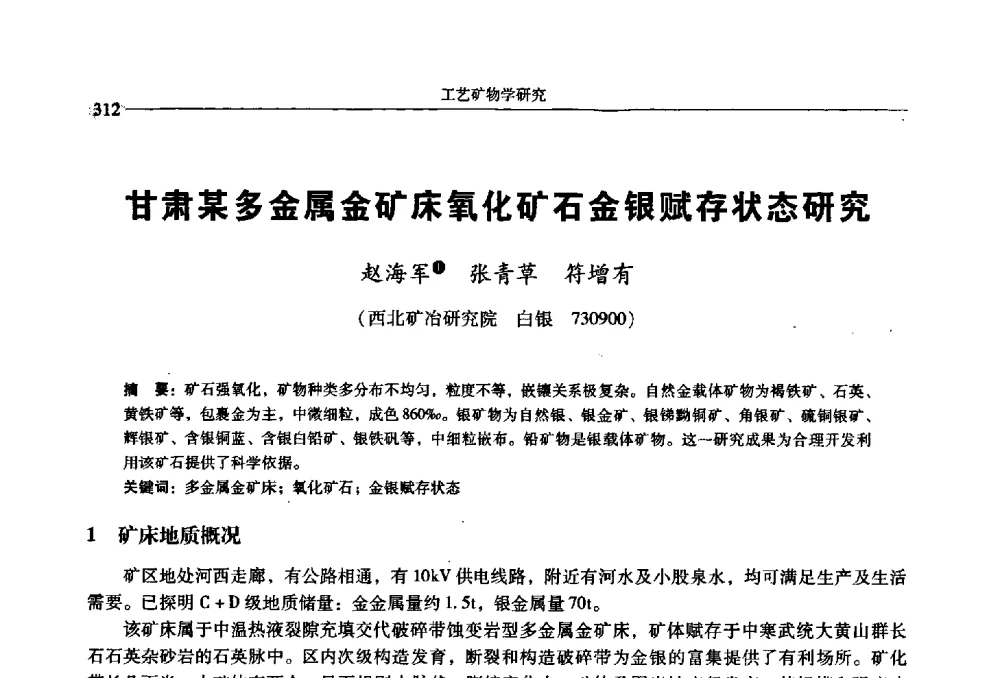 甘肃某多金属金矿床氧化矿石金银赋存状态研究 - 2009年全国选矿学术会议