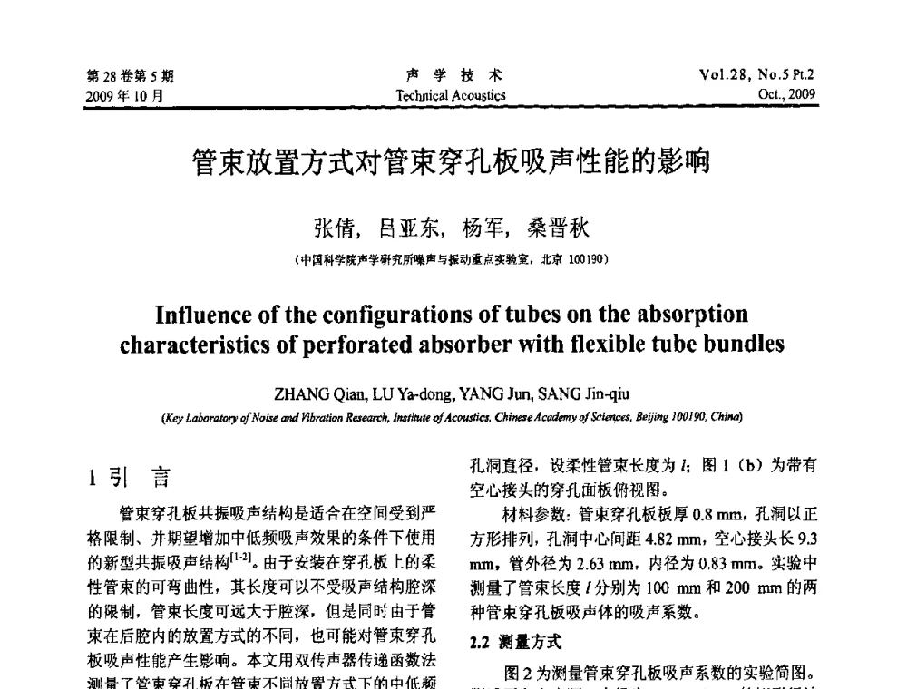 管束放置方式对管束穿孔板吸声性能的影响 - 中国声学学会2009年青年学术会议