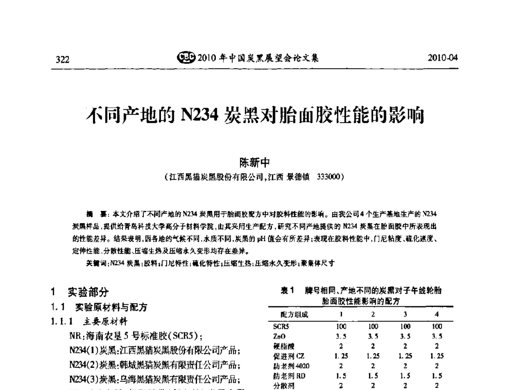 不同产地的N234炭黑对胎面胶性能的影响 - 2010年中国炭黑展望会
