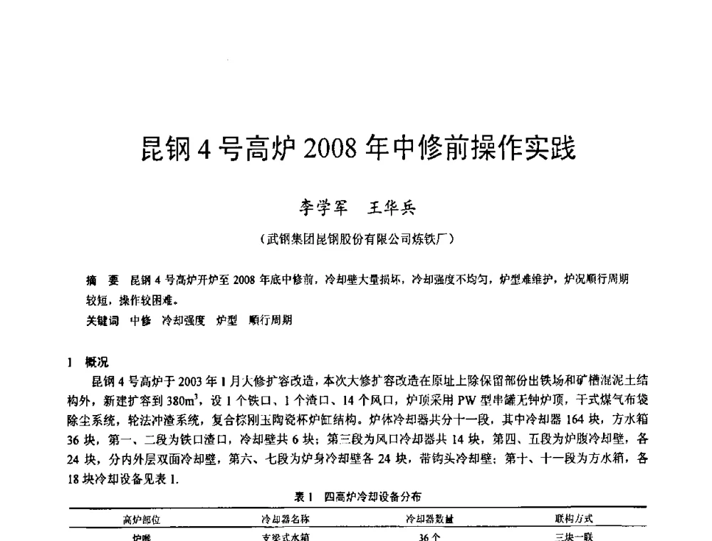 昆钢4号高炉2008年中修前操作实践 - 2009年中小高炉炼铁学术年会
